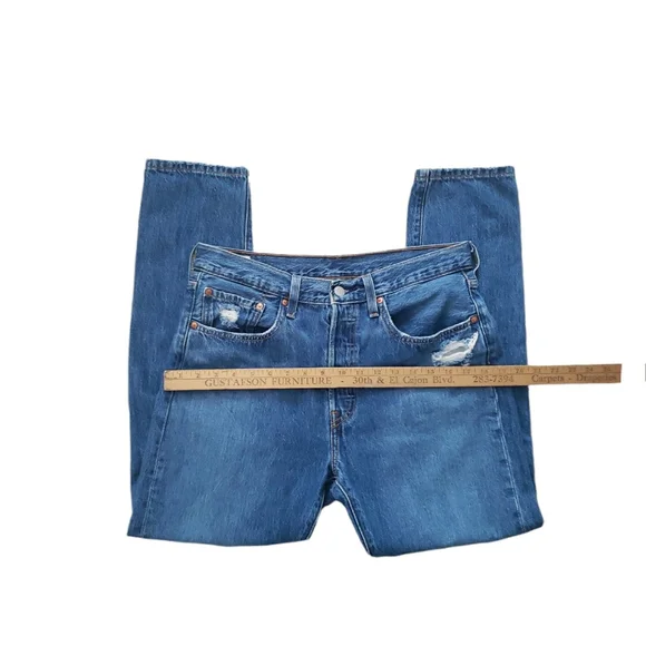 Levi's 501 Skinny Premium Jeans Big "E" Denim Blue Wash Distressed Size 30 hi Ri - Picture 16 of 16